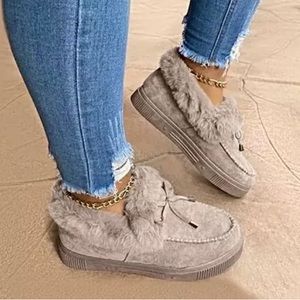Women's Faux Fur Grey Snow Ankle Boots Winter Warm Non-Slip Flat Shoes Booties